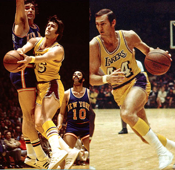 Gail Goodrich (left) and Jerry West in their Laker uniforms.