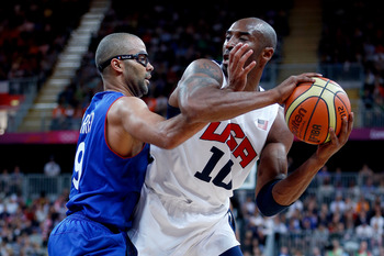 Tony Parker and Kobe Bryant battle it out.