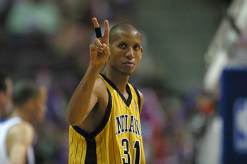 AUBURN HILLS, MI - MAY 11: Reggie Miller #31 of the Indiana Pacers gestures in Game two of the Eastern Conference Semifinals against the Detroit Pistons during the 2005 NBA Playoffs on May 11, 2005 at The Palace in Auburn Hills, Michigan. The Pacers won 