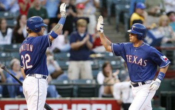 10 APRIL 2008: Texas Rangers shortstop Michael Young (10)  being greeted at home by Texas Rangers center fielder Josh Hamilton (32) after homering in the first inning during the Rangers win over the Orioles 5-4 in the second game of a double header at the