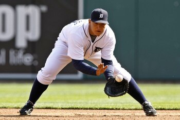 26 APR 2008: Detroit Tigers first baseman Miguel Cabrera (24) fields a ground ball during the Detroit Tigers 6-4 win over the Los Angeles Angels of Anaheim at Comerica Park in Detroit, Michigan.