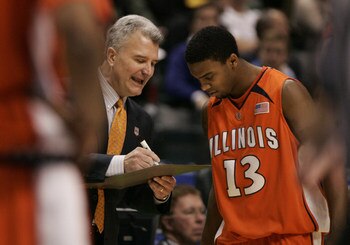 13 MAR 2008: Illinois head coach Bruce Weber speaks with Illinois guard Jeff Jordan (13) during the  Illinois Fighting Illini 64-63 win over the Penn State Nittany Lions at Conseco Fieldhouse in Indianapolis, Indiana.