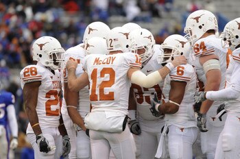 15 November 2008: Quarterback Colt McCoy (12) of the Texas Longhorns directs the offense in the 35-7 win against the Kansas Jayhawks at Kivisto Field in Lawrence, Kansas.