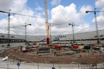 LONDON, UNITED KINGDOM - JULY 27: A general view of ongoing construction work at the Olympic stadium in east London on July 27, 2009 in London, England. The countdown starts today to the opening ceremony in 3 years time. (Photo by Stfean Rousseau/WPA Pool