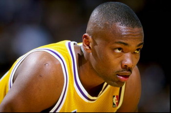 16 Feb 1999: Corie Blount #43 of the Los Angeles Lakers looks on during the game against the Charlotte Hornets at the Great Western Forum in Inglewood, California. The Lakers defeated the Hornets 116-88. Mandatory Credit: Vincent Laforet /Allsport