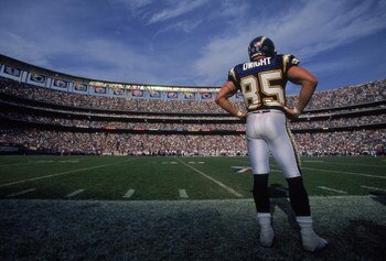 21 Oct 2001:  Tim Dwight #85 of the San Diego Chargers stands on the  sidelines during the game against the Denver Broncos at Qualcomm Stadium in San Diego, California. The Chargers defeated the Broncos 27-10.Mandatory Credit: Donald Miralle  /Allsport
