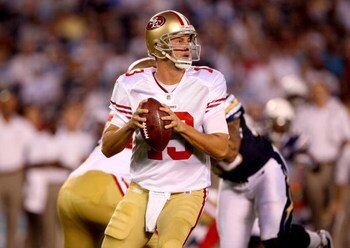 SAN DIEGO - SEPTEMBER 04:  Quarterback Shaun Hill #13 of the San Francisco 49ers throws a pass against the San Diego Chargers on September 4, 2009 at Qualcomm Stadium in San Diego, California.  The Chargers won 26-7. (Photo by Stephen Dunn/Getty Images)