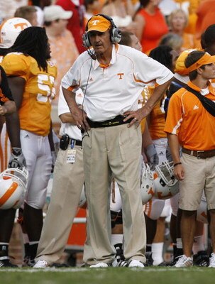 KNOXVILLE, TN - SEPTEMBER 12: Monte Kiffin, defensive coordinator of the Tennessee Volunteers looks on against the UCLA Bruins on September 12, 2009 at Neyland Stadium in Knoxville, Tennessee. UCLA beat Tennessee 19-15. (Photo by Joe Murphy/Getty Images)