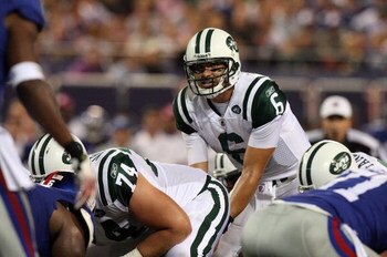 EAST RUTHERFORD, NJ - AUGUST 29:  Mark Sanchez #6 of the New York Jets looks on against the New York Giants on August 29, 2009 at Giants Stadium in East Rutherford, New Jersey.  (Photo by Jim McIsaac/Getty Images)