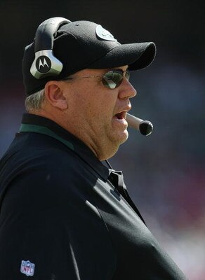 EAST RUTHERFORD, NJ - SEPTEMBER 20:  Head coach of the New York Jets, Rex Ryan looks on against the New England Patriots at Giants Stadium on September 20, 2009 in East Rutherford, New Jersey.  (Photo by Nick Laham/Getty Images)