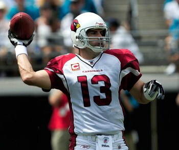 JACKSONVILLE, FL - SEPTEMBER 20:  Kurt Warner #13 of the Arizona Cardinals attempts a pass during the game against the Jacksonville Jaguars at Jacksonville Municipal Stadium on September 20, 2009 in Jacksonville, Florida.  (Photo by Sam Greenwood/Getty Im