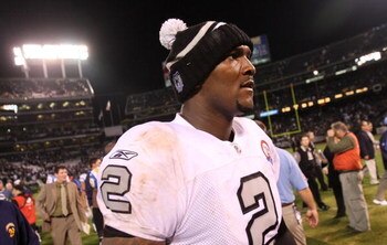OAKLAND, CA - SEPTEMBER 14:  JaMarcus Russell #2 of the Oakland Raiders walks off the field after Raiders  lost 24-20 against the San Diego Chargers against the Oakland Raiders on September 14, 2009 at the Oakland-Alameda County Coliseum in Oakland, Calif