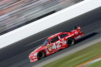 LOUDON, NH - SEPTEMBER 20:  Juan Pablo Montoya, driver of the #42 Target Chevrolet, rounds turn four during the NASCAR Sprint Cup Series Sylvania 300 at the New Hampshire Motor Speedway on September 20, 2009 in Loudon, New Hampshire.  (Photo by Elsa/Getty