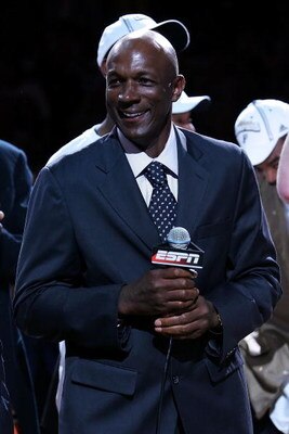 SAN ANTONIO - MAY 30:  Former NBA player Clyde Drexler stands on the court while he is working for ESPN during during Game Five of the Western Conference Finals during the 2007 NBA Playoffs at AT&T Center on May 30, 2007 in San Antonio, Texas. NOTE TO USE
