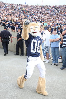 PROVO, UT - SEPTEMBER 19: Cosmo the mascot of Brigham Young University Cougars gets the fans going before the game against the Florida State Seminoles at La Vell Edwards Stadium on September 19, 2009 in Provo, Utah. (Photo by Melissa Majchrzak via Getty