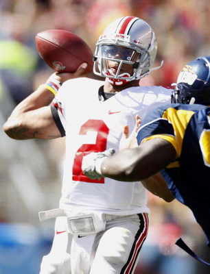 CLEVELAND - SEPTEMBER 19: Terrelle Pryor #2 of the Ohio State Buckeyes throws a second quarter pass while playing the Toledeo Rockets on September 19, 2009 at Cleveland Browns Stadium in Cleveland, Ohio. Ohio State won the game 38-0. (Photo by Gregory S