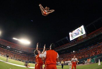 FORT LAUDERDALE, FL - SEPTEMBER 17:  Hurricane cheerleaders perform as the Miami Hurricanes take on the Georgia Tech Yellow Jackets at Land Shark Stadium on September 17, 2009 in Fort Lauderdale, Florida. Miami defeated Georgia Tech 33-17.  (Photo by Doug