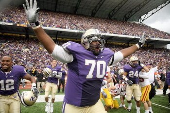 SEATTLE - SEPTEMBER 19: Offensive guard Morgan Rosborough #70 of the Washington Huskies celebrates as time expires against the USC Trojans on September 19, 2009 at Husky Stadium in Seattle, Washington. The Huskies defeated the Trojans 16-13. (Photo by Ott