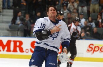 19 Jan 2002 : Darcy Tucker of the Toronto Maple Leafs  after getting into a fight with Luke Richardson of the Philadelphia Flyers during the game at Air Canada Centre in Toronto, Ontario, Canada. The Flyers won 3-0 . DIGITAL IMAGE. Mandatory Credit: Dave 