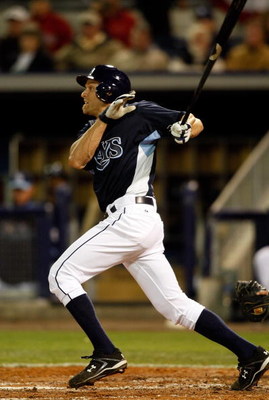 PORT CHARLOTTE, FL - MARCH 04: Outfielder Gabe Kapler #27 of the Tampa Bay Rays fouls off a pitch against Team Puerto Rico during an exhibition Spring Training Game at Charlotte Sports Park on March 4, 2009 in Port Charlotte, Florida. (Photo by J. Meric/G