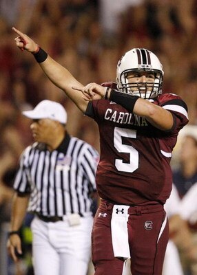 COLUMBIA, SC - SEPTEMBER 24:  Quarterback Stephen Garcia #5 of the South Carolina Gamecocks celebrates after throwing a touchdown pass in the third quarter of their game against the Mississippi Rebels at Williams-Brice Stadium on September 24, 2009 in Col