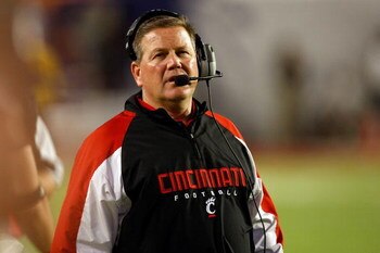 MIAMI - JANUARY 01:  Head coach Brian Kelly of the Cincinnati Bearcats looks on against the Virginia Tech Hokies during the FedEx Orange Bowl at Dolphin Stadium on January 1, 2009 in Miami, Florida.  (Photo by Streeter Lecka/Getty Images)