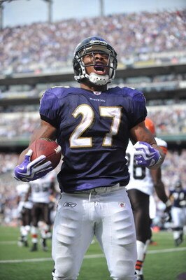 BALTIMORE - SEPTEMBER 27:  Ray Rice #27 of the Baltimore Ravens celebrates his first career touchdown against the Cleveland Browns at M&T Bank Stadium on September 27, 2009 in Baltimore, Maryland. The Ravens defeated the Browns 34-3. (Photo by Larry Frenc
