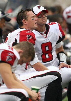 FOXBORO, MA - SEPTEMBER 27:  Matt Ryan #2 and teammate Chris Redman #8 of the Atlanta Falcons watch fourth-quarter action from the sidelnes against the New England Patriots at Gillette Stadium on September 27, 2009 in Foxboro, Massachusetts. The Patriots 