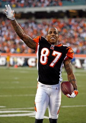 CINCINNATI - SEPTEMBER 27:  Andre Caldwell #87 of the Cincinnati Bengals celebrates following the game against the Pittsburgh Steelers at Paul Brown Stadium on September 27, 2009 in Cincinnati, Ohio. Caldwell caught the game winning catch in the 23-20 Ben