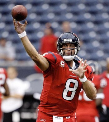 HOUSTON - SEPTEMBER 27:  Quarterback Matt Schaub #8 of the Houston Texans throws during warm-ups before the game against the Jacksonville Jaguars at Reliant Stadium on September 27, 2009 in Houston, Texas.  (Photo by Bob Levey/Getty Images)