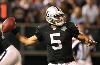 OAKLAND, CA - AUGUST 13:  Bruce Gradkowski #5 of the Oakland Raiders passes against the Dallas Cowboys during the preseason game at Oakland-Alameda County Coliseum on August 13, 2009 in Oakland, California.  (Photo by Jed Jacobsohn/Getty Images)