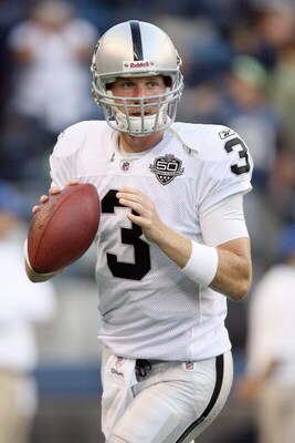 SEATTLE - SEPTEMBER 03:  Quarterback Charlie Frye #3 of the Oakland Raiders looks to pass the ball during the game against the Seattle Seahawks on September 3, 2009 at Qwest Field in Seattle, Washington. (Photo by Otto Greule Jr/Getty Images)  