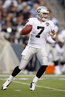 SEATTLE - SEPTEMBER 03: Quarterback  Jeff Garcia #7 of the Oakland Raiders drops back to pass during the game against the Seattle Seahawks on September 3, 2009 at Qwest Field in Seattle, Washington. (Photo by Otto Greule Jr/Getty Images)    