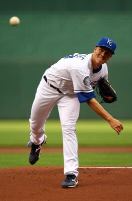 KANSAS CITY, MO - JUNE 17:  Starting pitcher Zack Greinke #23 of the Kansas City Royals pitches just prior to the start of the game against  the Arizona Diamondbacks on June 17, 2009 at Kauffman Stadium in Kansas City, Missouri.  (Photo by Jamie Squire/Ge