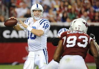 GLENDALE, AZ - SEPTEMBER 27:  Peyton Manning #18 of the Indianapolis Colts looks to pass in the third quarter against the Arizona Cardinals during the game at University of Phoenix Stadium on September 27, 2009 in Glendale, Arizona. (Photo by Harry How/Ge
