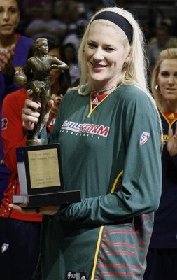 AUBURN HILLS, MI - SEPTEMBER 05: Lauren Jackson #15 of the Seattle Storm holds up her trophy after being named WNBA Most Valuable Player for 2007 prior to Game One of the WNBA Finals at the Palace of Auburn Hills on September 5, 2007 in Auburn Hills, Mich