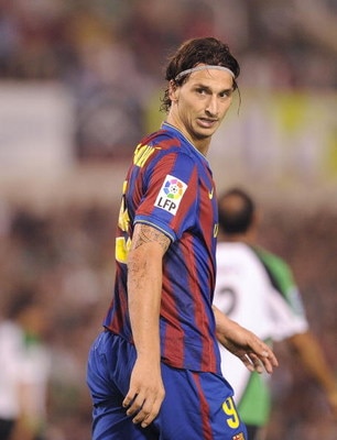 SANTANDER, SPAIN - SEPTEMBER 22:  Zlatan Ibrahimovic of Barcelona is shown during the La Liga match between Racing Santander and Barcelona at El Sardinero stadium on September 22, 2009 in Santander, Spain.  (Photo by Denis Doyle/Getty Images)