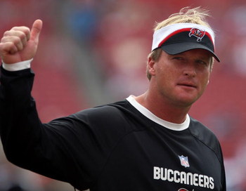 TAMPA, FL - DECEMBER 30: John Gruden, head coach of the Tampa Bay Buccaneers, walks on the field prior to the start of their game against the Carolina Panthers at Raymond James Stadium on December 30, 2007 in Tampa, Florida. (Photo by Scott Halleran/Get