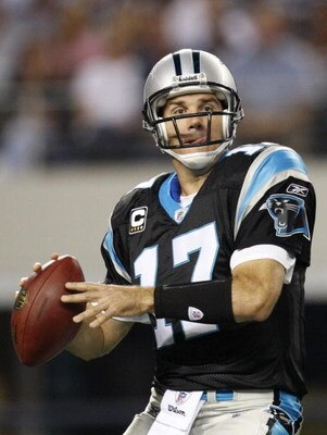 ARLINGTON, TX - SEPTEMBER 28:  Jake Delhomme #17 of the Carolina Panthers looks to pass against the Dallas Cowboys at Cowboys Stadium on September 28, 2009 in Arlington, Texas. (Photo by Ronald Martinez/Getty Images)