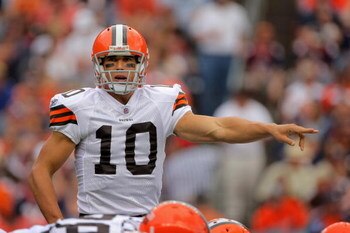 DENVER - SEPTEMBER 20:  Quarterback Brady Quinn #10 of the Cleveland Browns runs the offense against the Denver Broncos during NFL action at Invesco Field at Mile High on September 20, 2009 in Denver, Colorado. The Broncos defeated the Browns 27-6.  (Phot