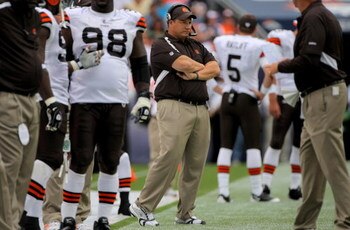 DENVER - SEPTEMBER 20:  Head coach Eric Mangini of the Cleveland Browns leads his team against the Denver Broncos during NFL action at Invesco Field at Mile High on September 20, 2009 in Denver, Colorado. The Broncos defeated the Browns 27-6.  (Photo by D