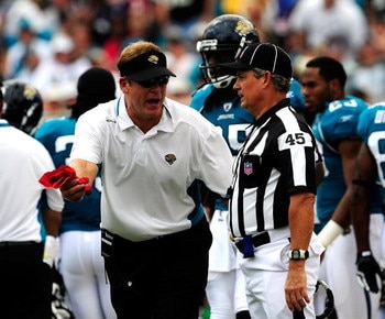 JACKSONVILLE, FL - SEPTEMBER 20:  Head coach Jack Del Rio of the Jacksonville Jaguars speaks with a line judge during the game against the Arizona Cardinals at Jacksonville Municipal Stadium on September 20, 2009 in Jacksonville, Florida.  (Photo by Sam G