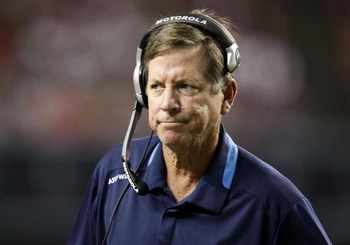 ATLANTA - AUGUST 29:  Head coach Norv Turner of the San Diego Chargers reacts to a team penalty during the game against the Atlanta Falcons at the Georgia Dome on August 29, 2009 in Atlanta, Georgia.  The Falcons beat the Chargers 27-24.  (Photo by Mike Z