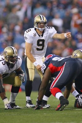 ORCHARD PARK, NY - SEPTEMBER 27:  Quarterback Drew Brees #9 of the New Orleans Saints calls the play during the game against the Buffalo Bills at Ralph Wilson Stadium on September 27, 2009 in Orchard Park, New York. The Saints won 27-7. (Photo by Rick Ste