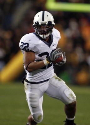 IOWA CITY, IOWA - NOVEMBER 8: Penn State Nittany Lions runningback Evan Royster #22 rushes for yards against the Iowa Hawkeyes at Kinnick Stadium on November 8, 2008 in Iowa City, Iowa. Iowa defeated Penn State 24-23. (Photo by David Purdy/Getty Images)