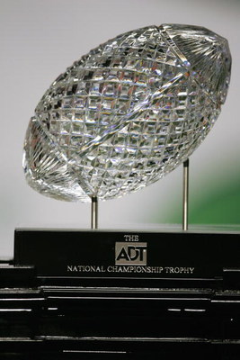 MIAMI - JANUARY 4:  The 2005 FedEx Orange Bowl National Championship trophy awaits USC on January 4, 2005 at Pro Player Stadium in Miami, Florida.  The USC Trojans defeated the Oklahoma Sooners 55-19. (Photo by Jamie Squire/Getty Images)