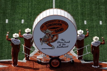 AUSTIN, TX - SEPTEMBER 26:  The University of Texas Longhorn band performs before a game against the UTEP Miners at Darrell K Royal-Texas Memorial Stadium on September 26, 2009 in Austin, Texas.  (Photo by Ronald Martinez/Getty Images)