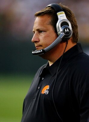 GREEN BAY, WI - AUGUST 15:  Head coach Eric Mangini of the Cleveland Browns looks on during the first quarter against the Green Bay Packers during the preseason game at Lambeau Field on August 15, 2009 in Green Bay, Wisconsin. (Photo by Jonathan Daniel/Ge