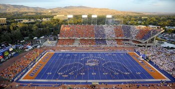 BOISE, ID - SEPTEMBER 3:  The sun lights the foothills of Boise in this overhead shot of Bronco Stadium before the start of the game between the Oregon Ducks and the Boise State Broncos on September 3, 2009 at Bronco Stadium in Boise, Idaho. Boise State w
