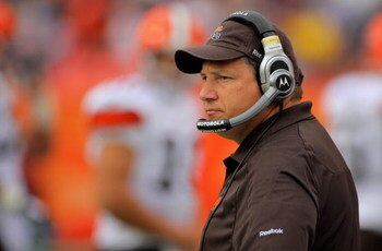 DENVER - SEPTEMBER 20:  Head coach Eric Mangini of the Cleveland Browns leads his team against the Denver Broncos during NFL action at Invesco Field at Mile High on September 20, 2009 in Denver, Colorado. The Broncos defeated the Browns 27-6.  (Photo by D